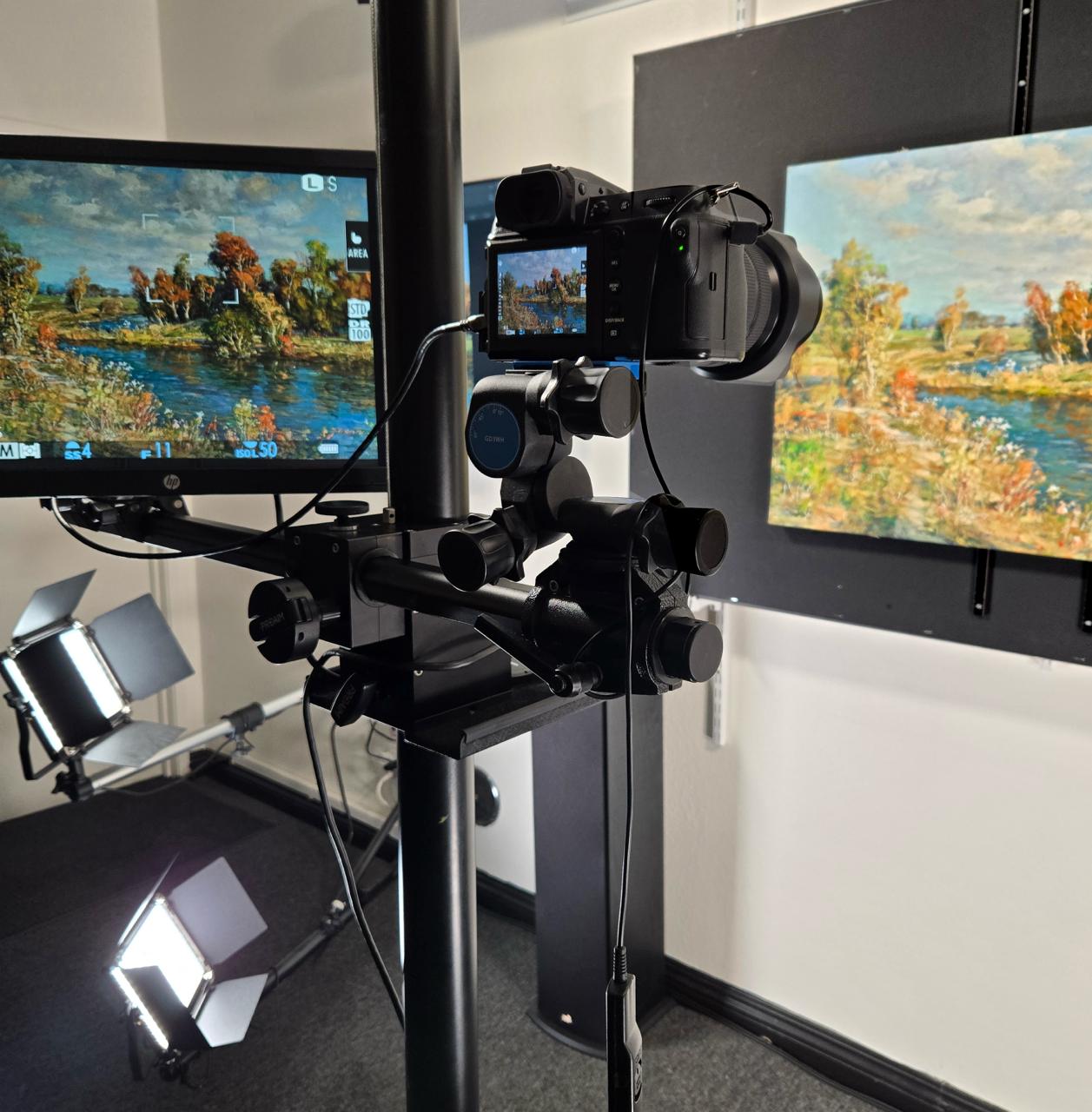 Camera rig with LED lighting capturing painting