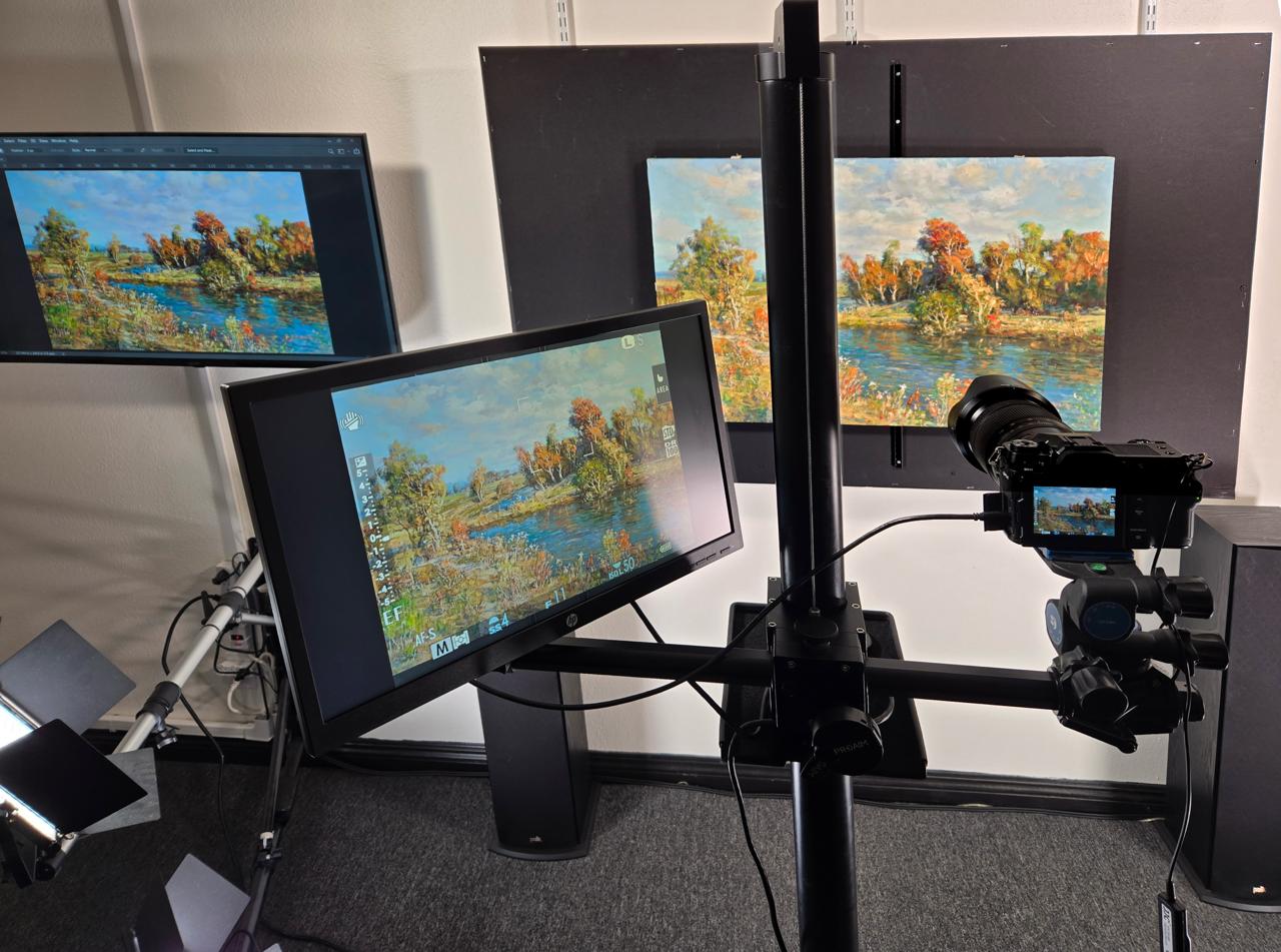 Our studio: professional art capture setup with large format camera, controlled lighting, and tethered monitors